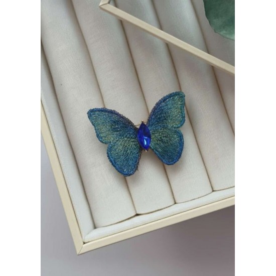 Mavi Nakışlı Kristal Kelebek Broş