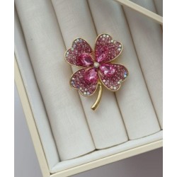 Pembe Kristal Taşlı Dört Yapraklı Yonca Broş