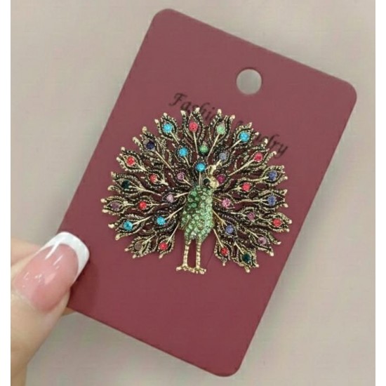 Renkli Kristal Taşlı Tavus Kuşu Broş 