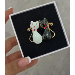 Siyah Beyaz Emaye Çift Kedi Broş