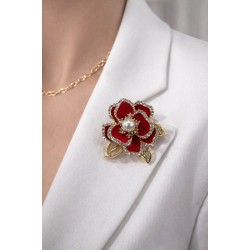 İnci Detaylı Kırmızı Mine Çiçeği Broş