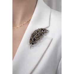 Antik Gümüş Kaplama Kristal Taşlı Yaprak Broş