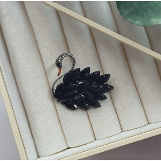 Markiz Kesim Siyah Kuğu Broş - Antrasit Kaplama Lüks Tasarım