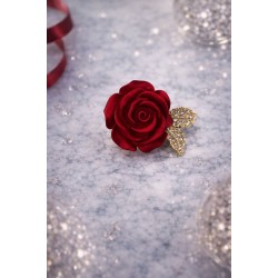"Kadife Aşkı" Kristal Yapraklı Kırmızı Gül Broş
