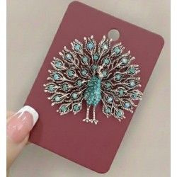 Turkuaz Kristal Taşlı Tavus Kuşu Broş - Antik Gümüş Kaplama Broş