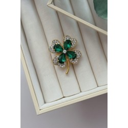 Zümrüt Yeşili Kristal Taşlı Dört Yapraklı Yonca Broş