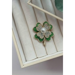İnci ve Kristal Detaylı Dört Yapraklı Yonca Broş