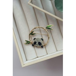 Bambu Halkasında Kristal Taşlı Panda Broş