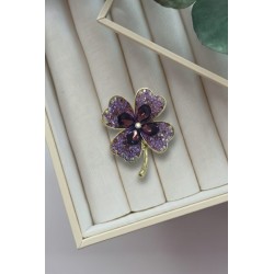Mor Kristal Taşlı Dört Yapraklı Yonca Broş