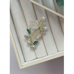 İnci ve Kristal Detaylı Bahar Çiçeği Dalı Broş 