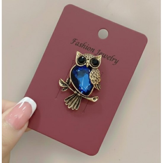 Safir Mavisi Taşlı Antik Altın Kaplama Baykuş Broş