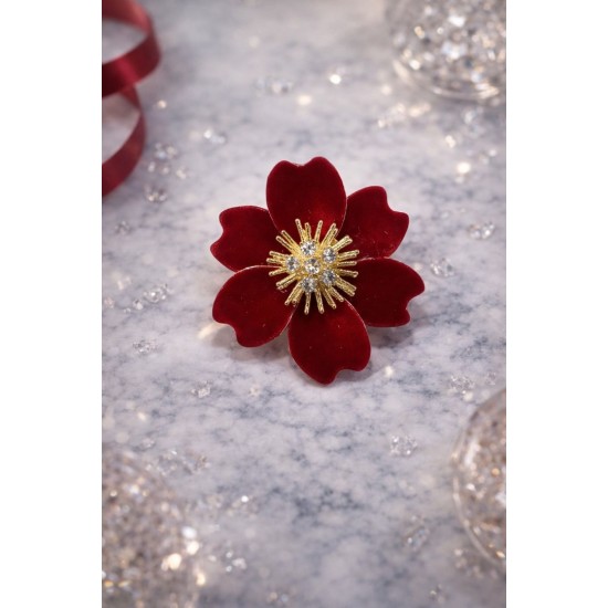 Mat Kadife Dokulu Altın Güneş Merkezli Çiçek Broş