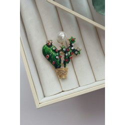 İnci ve Kristal Detaylı Saksıda Kaktüs Broş